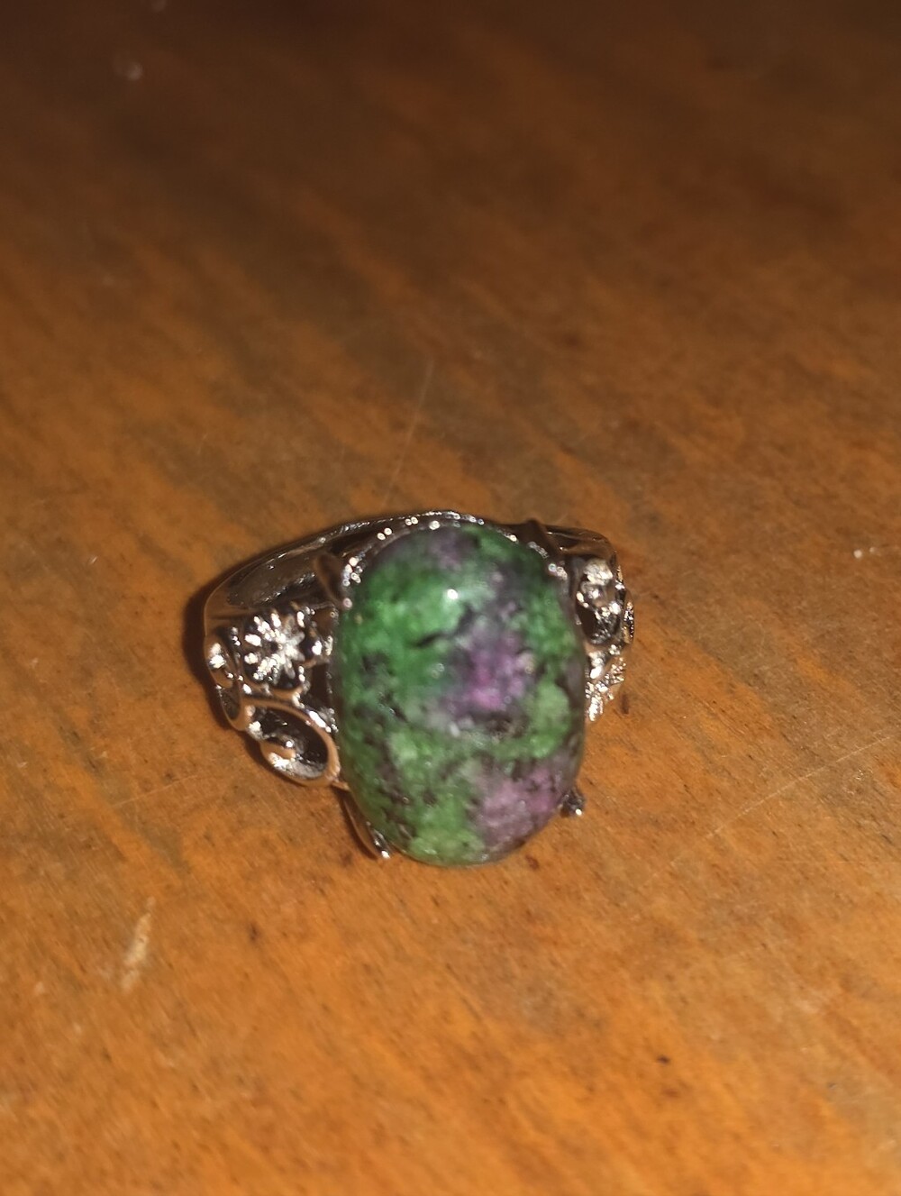 Ruby-zoisite Cabochon Ring In Silver Tone Ring Adjustable Frame